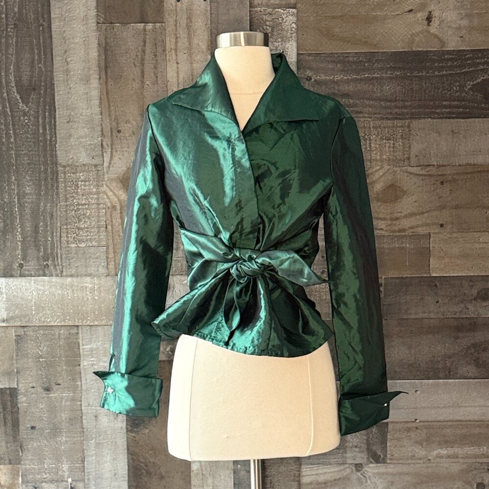 MSK green satin button up shirt small glam rhinestones cocktail party holiday